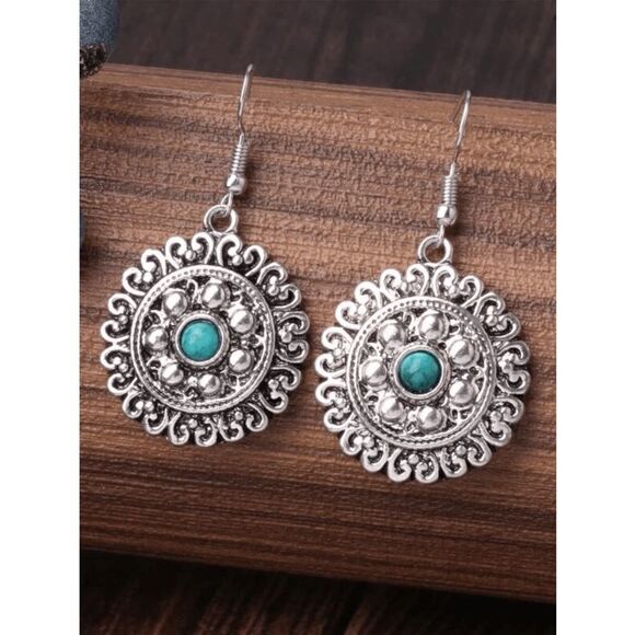 SILVER TURQUOISE ROUND BOHO FILIGREE STYLE DANGLE EARRINGS - Picture 1 of 4
